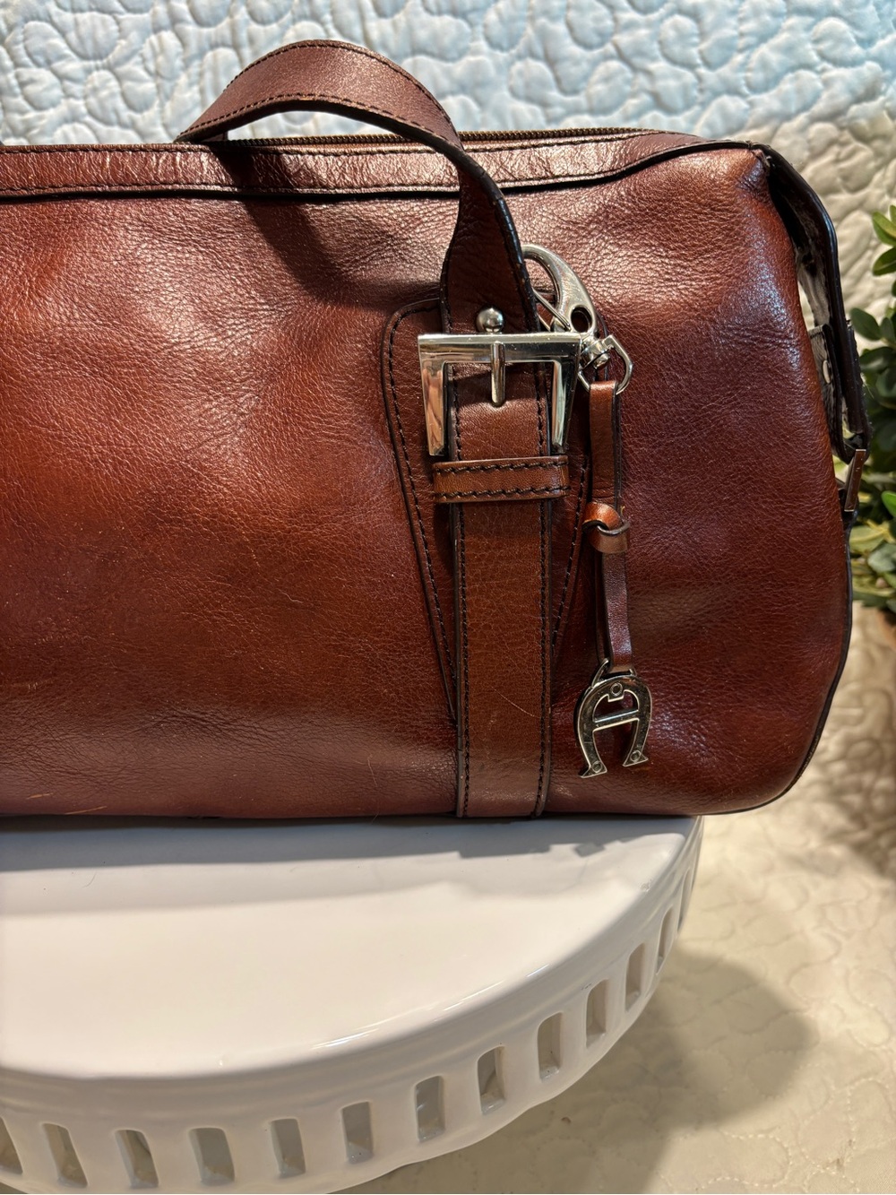Etienne Aigner Brown Leather Satchel with Buckle Straps - Picture 2 of 12